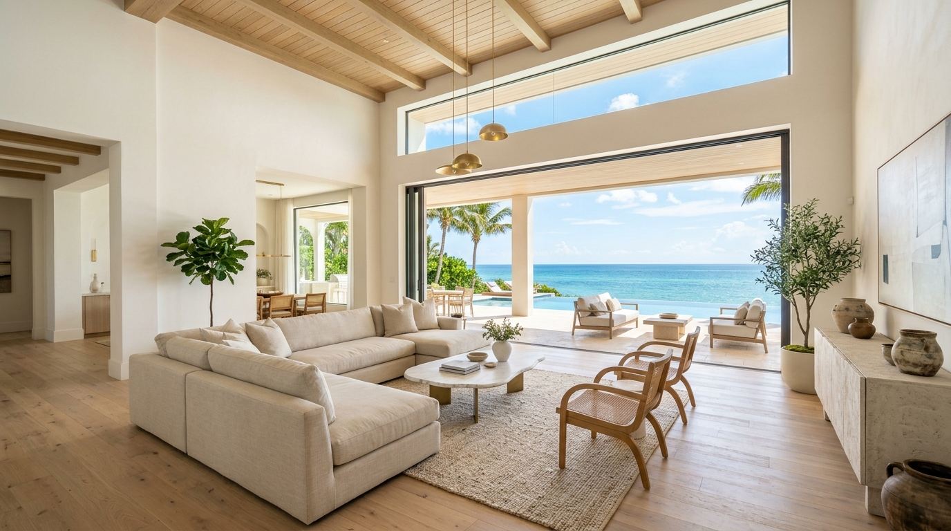 Coastal-modern luxury living room with ocean view